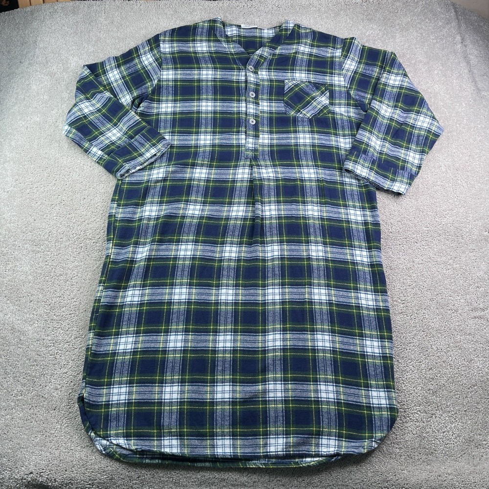 The Vermont Country Store Nightshirt Mens Medium Blue Green Tartan Plaid Flannel